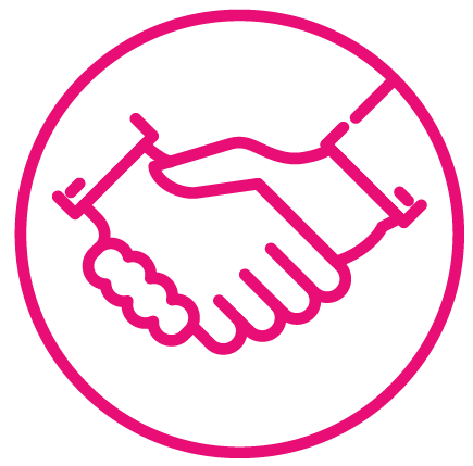 Pink outline of two hands shaking, inside a pink circle.