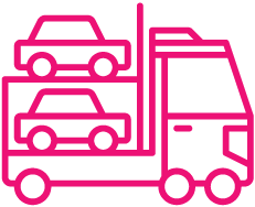 Pink car carrier truck transporting two cars.