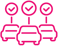 Pink car icons with checkmarks above them, indicating approval.