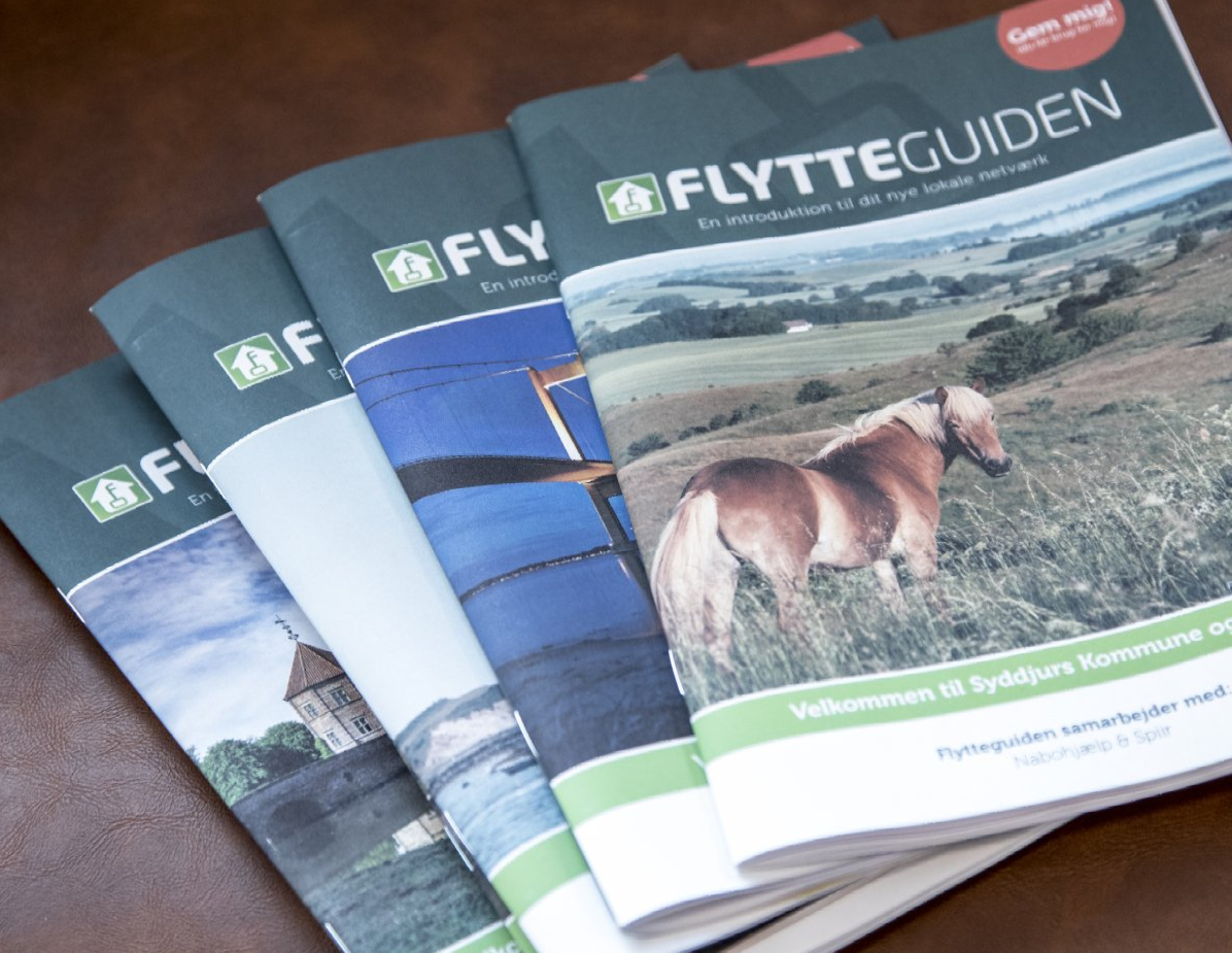 Fire Flytteguiden-brochurer med forskellige forsider spredt ud i en vifte