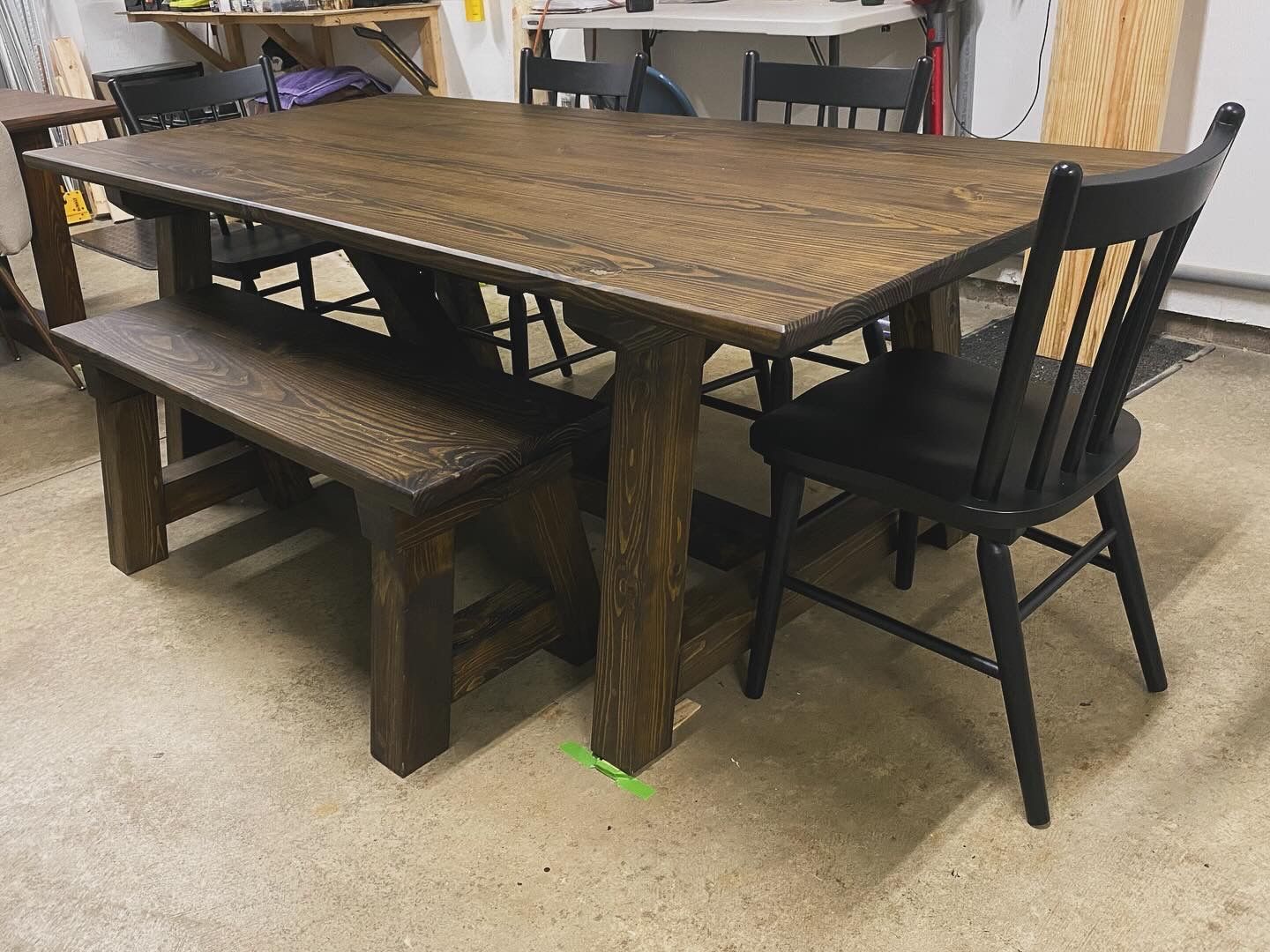 7ft Trestle Dining Table with Bench and 4 Square Back Chairs