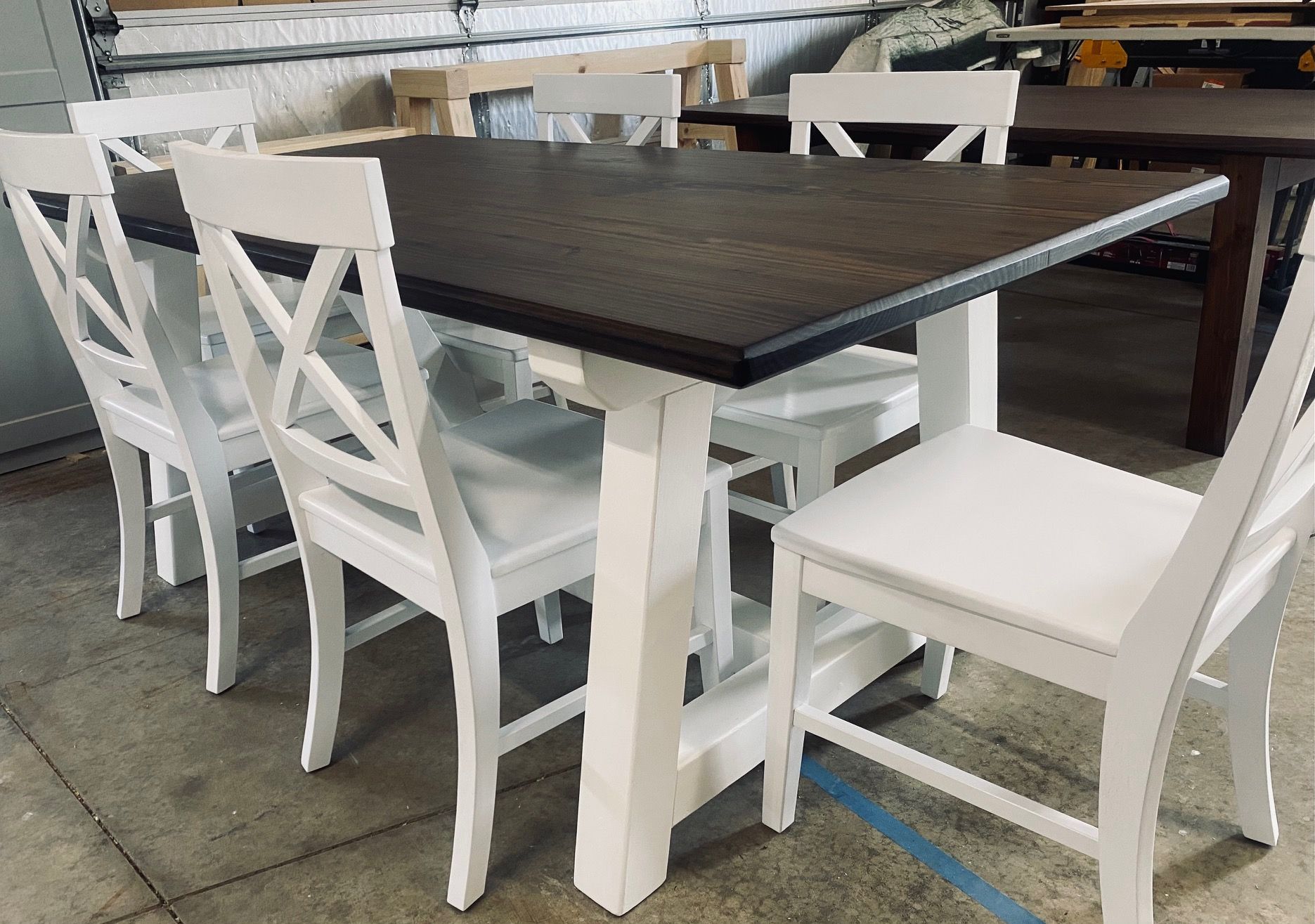 7ft Trestle Dining Table with 6 White Farmhouse Chairs