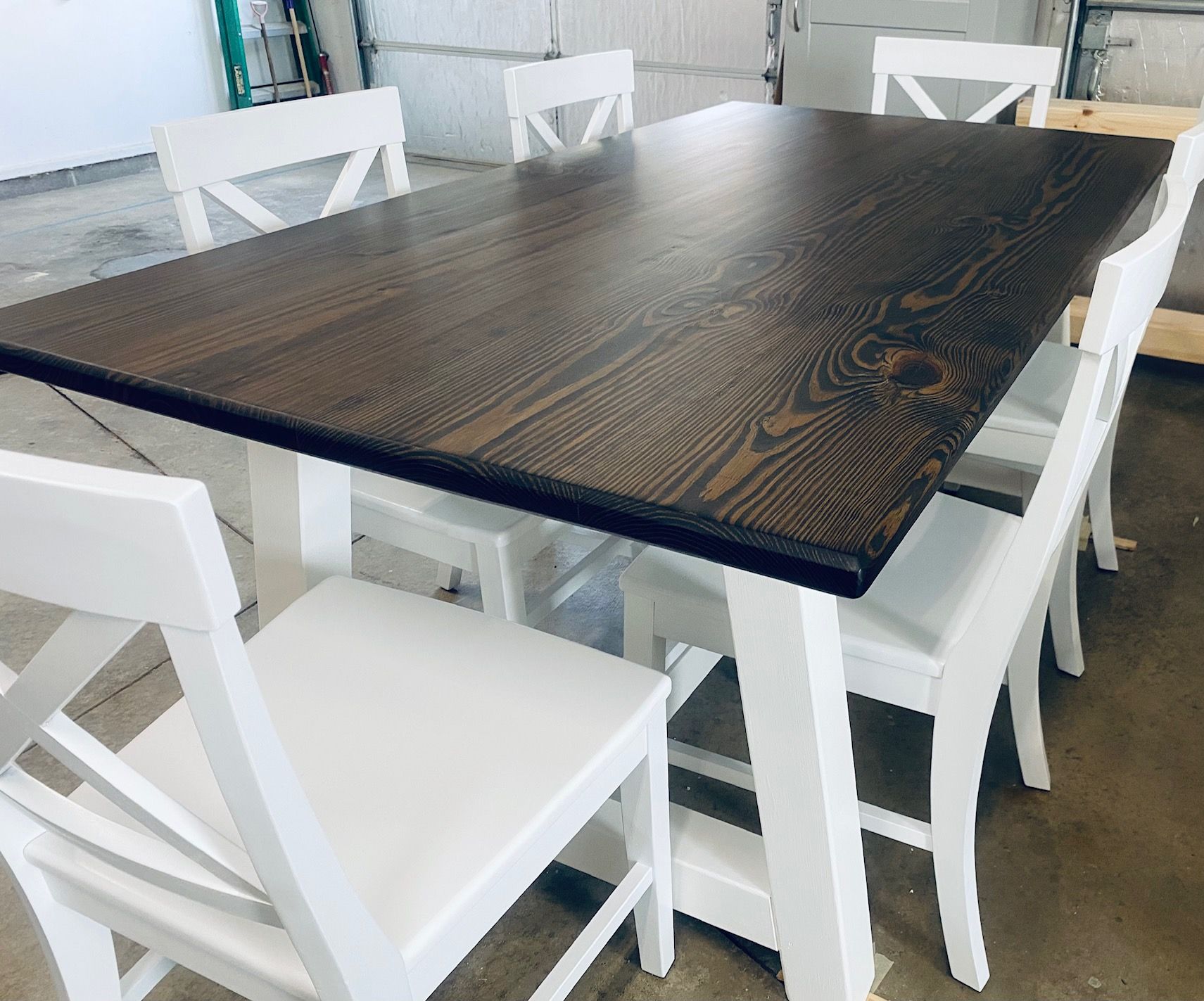 7ft Trestle Dining Table with 6 White Farmhouse Chairs