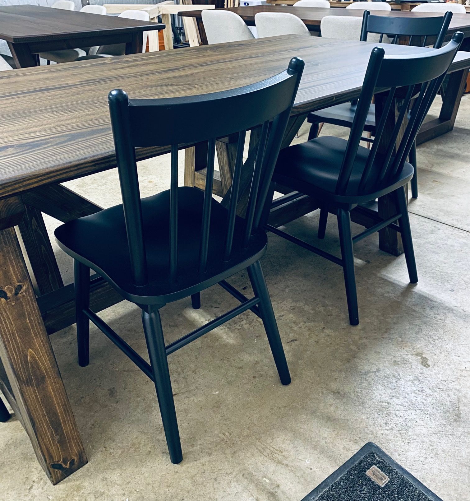 7ft Trestle Dining Table with Bench and 4 Square Back Chairs