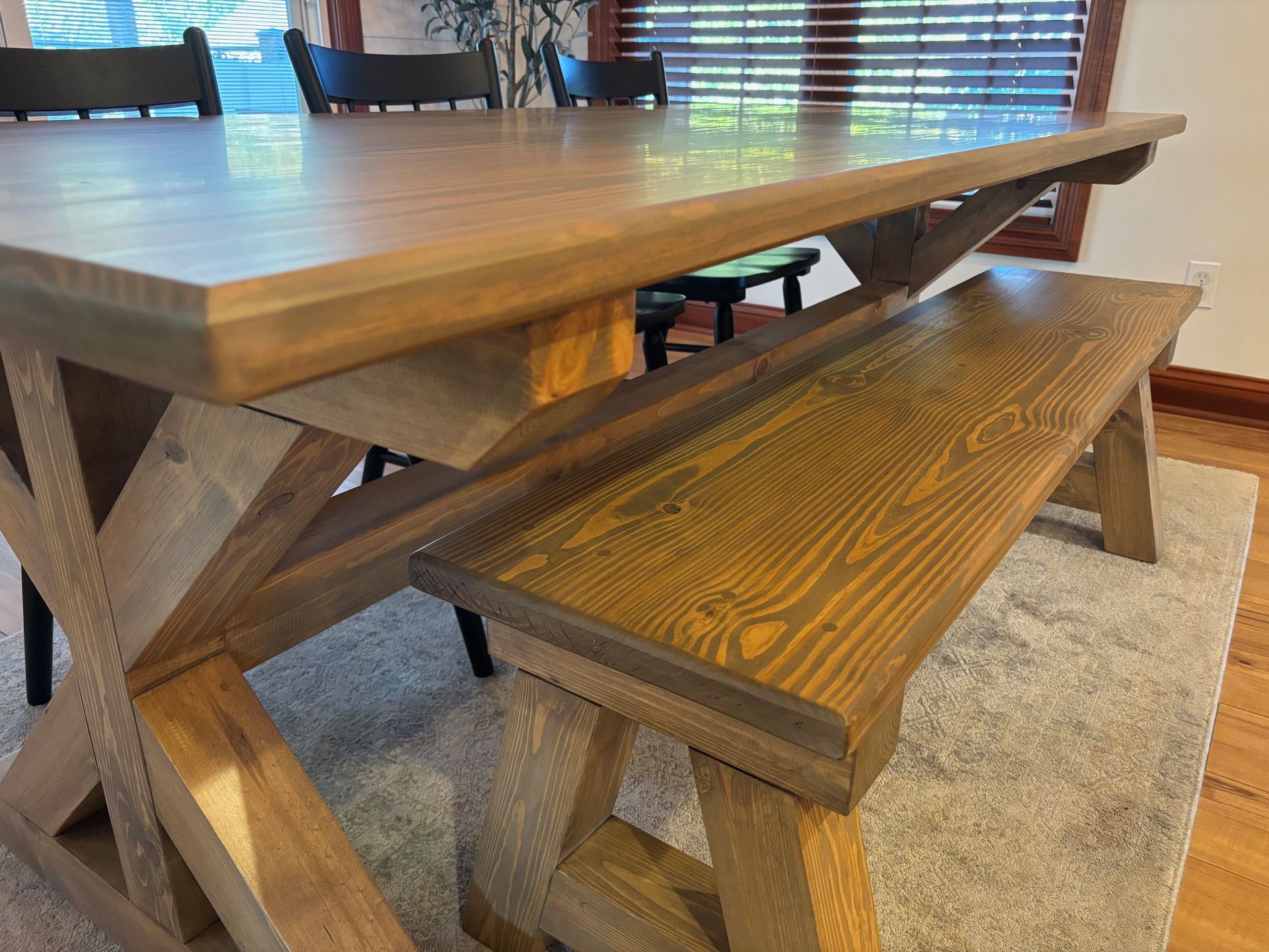 7ft Farmhouse Dining Table with Bench and 3 Square Back Chairs