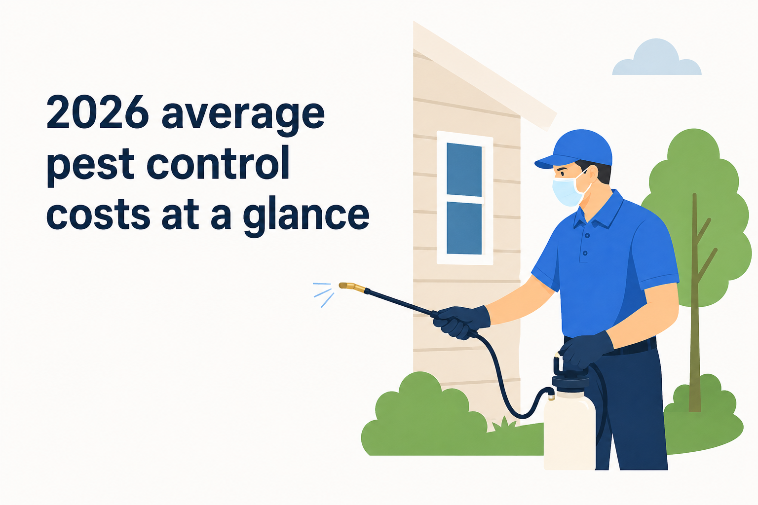 2026 average pest control costs at a glance, with a worker spraying a house exterior