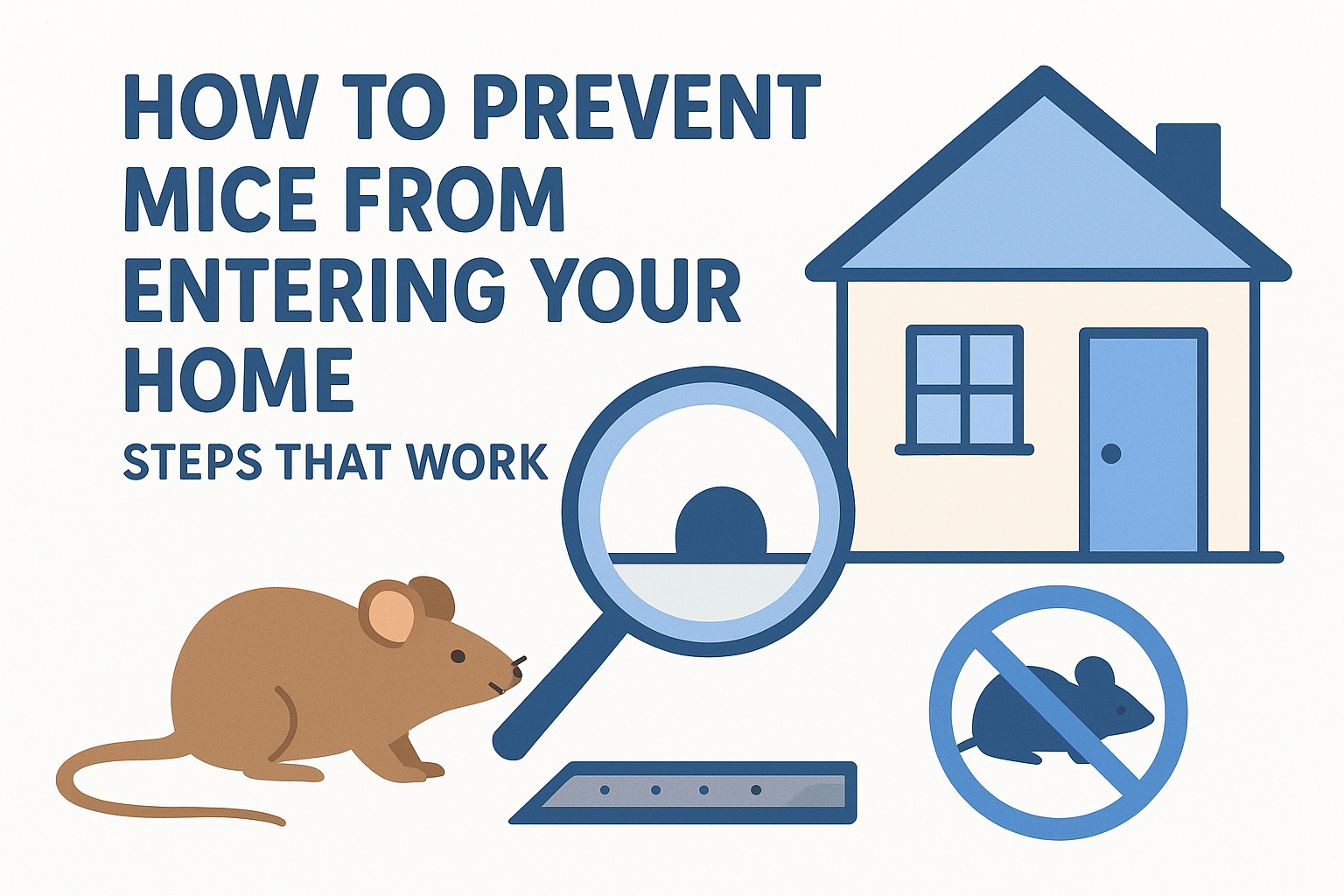 An infographic about preventing mice entry with a mouse, a magnifying glass focused on a hole, and a no-mouse symbol.