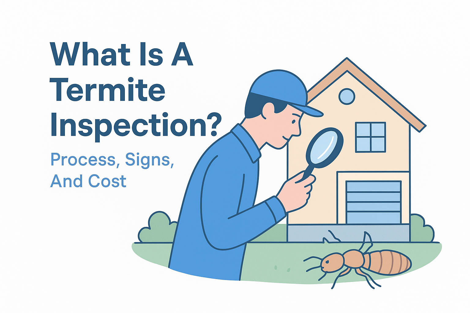 A person with a magnifying glass inspects a termite near a house, with the text 