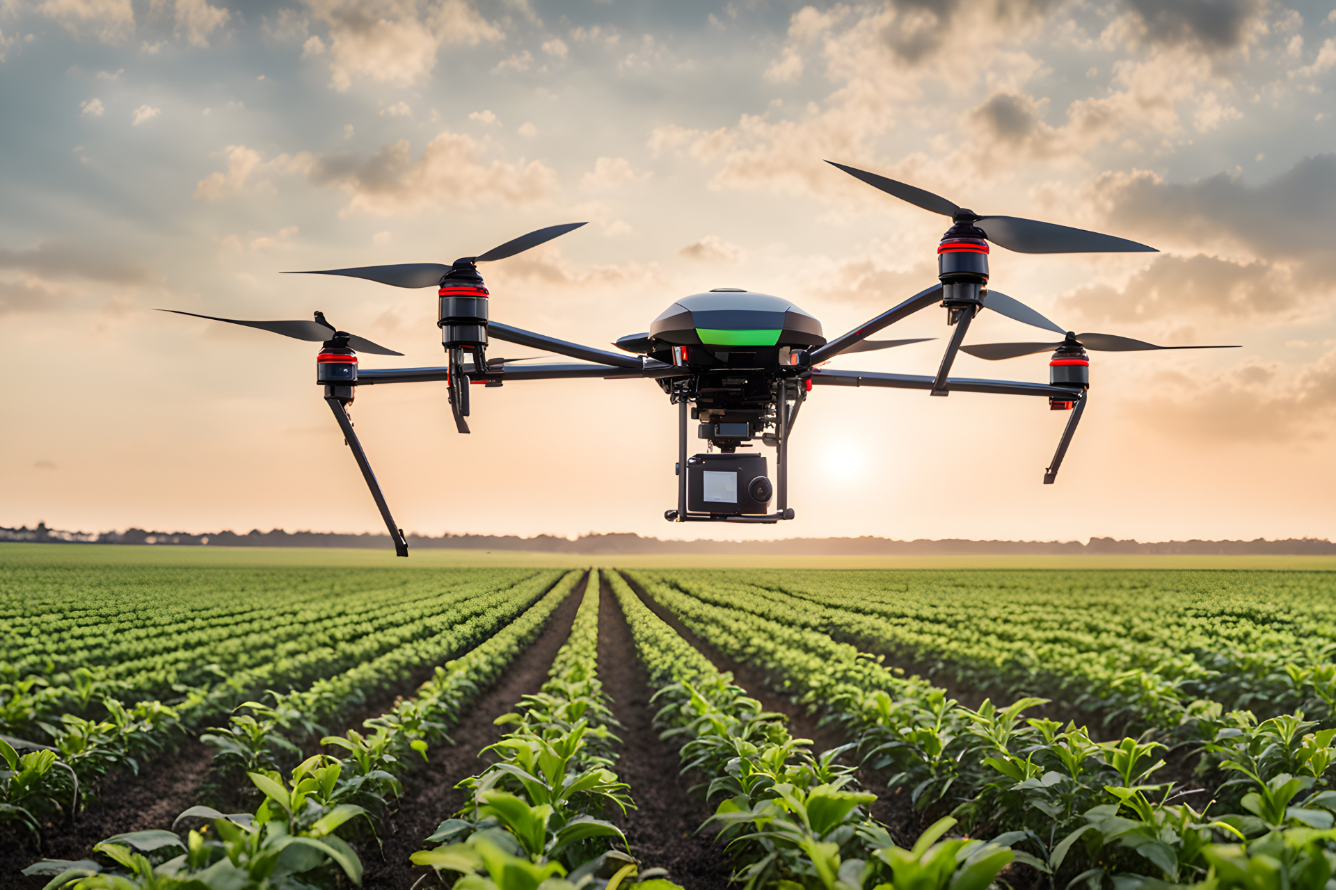 Drone flying over a field of crops at sunset.