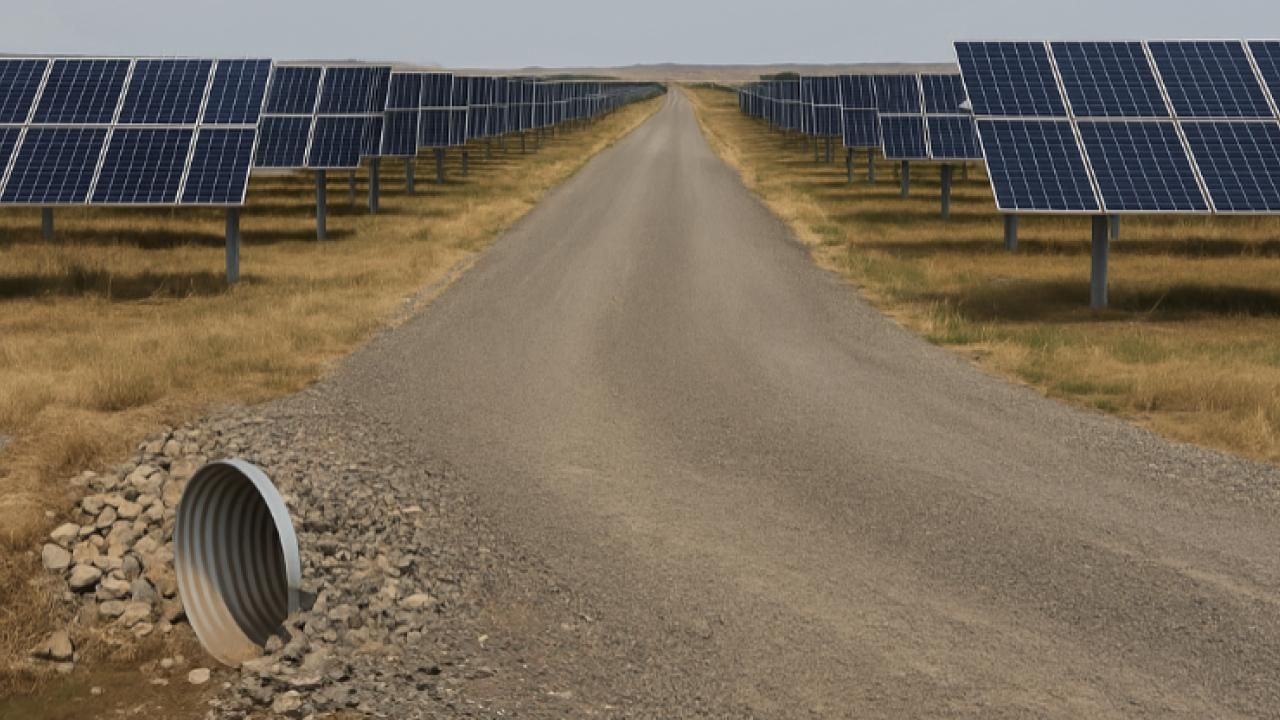 Rural dirt road leading between rows of solar panels under a clear sky, with a drainage pipe in the foreground