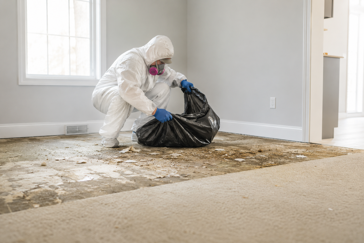 Worker in white protective suit cleaning debris from a damaged carpeted room into a black trash bag.