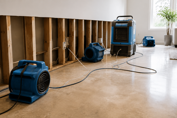 Blue dehumidifiers and a fan drying a flooded room with exposed wall studs and wet floor