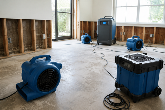 Basement with blue fans and dehumidifiers drying out a water-damaged room