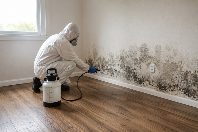 Worker in protective suit spraying mold on a wall inside a room with wood flooring