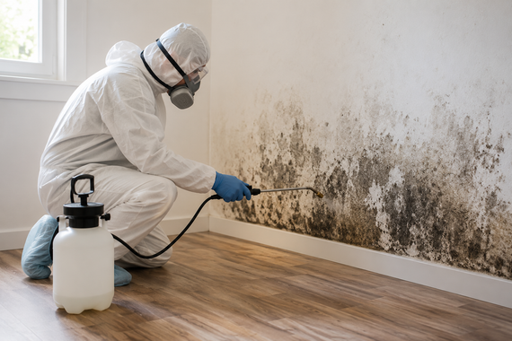 Worker in protective suit spraying mold on a wall with a disinfectant sprayer.