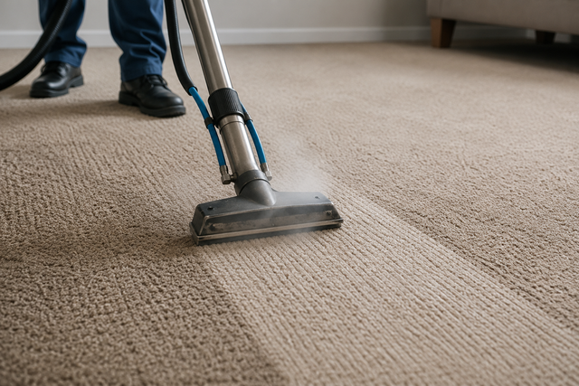 Vacuum cleaner head on beige carpet, cleaning near a person’s feet