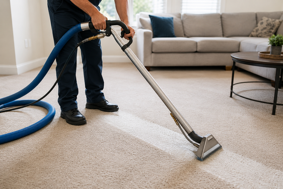 Person vacuuming a beige carpet in a living room with a blue hose and gray sofa.