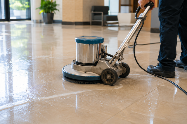 Person using a floor buffer on a polished indoor floor in a lobby area