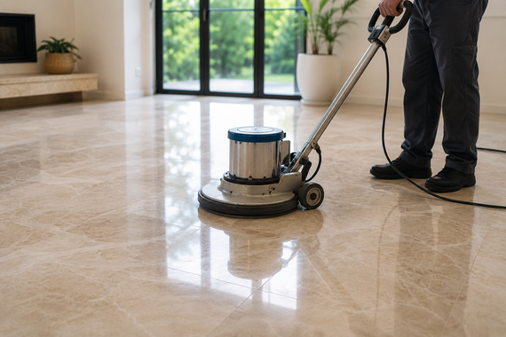 Person polishing a glossy marble floor in a bright room with a floor buffer