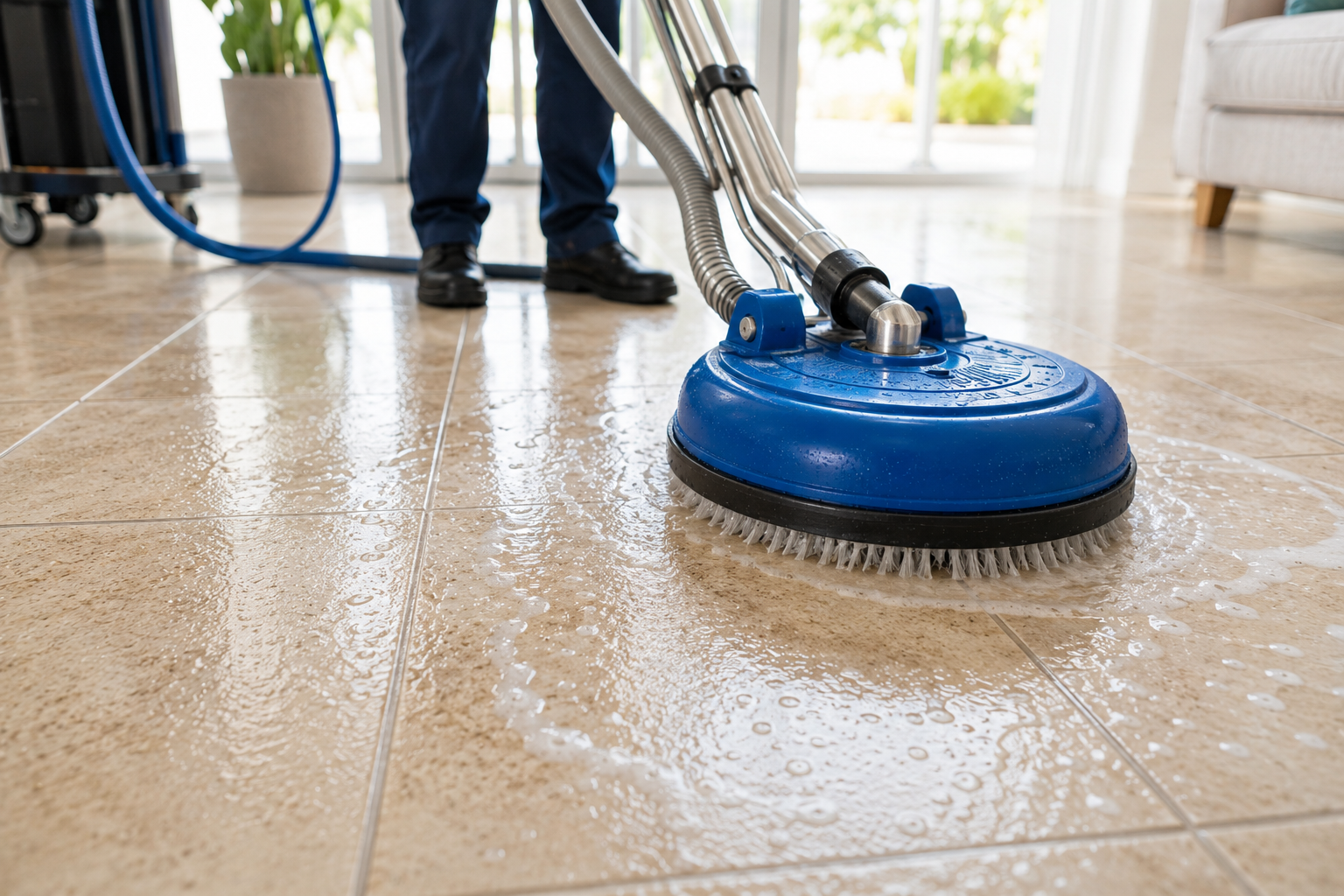 Blue floor-cleaning machine scrubbing a wet tiled floor indoors