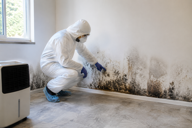 Worker in white protective gear removing mold from a wall near a window