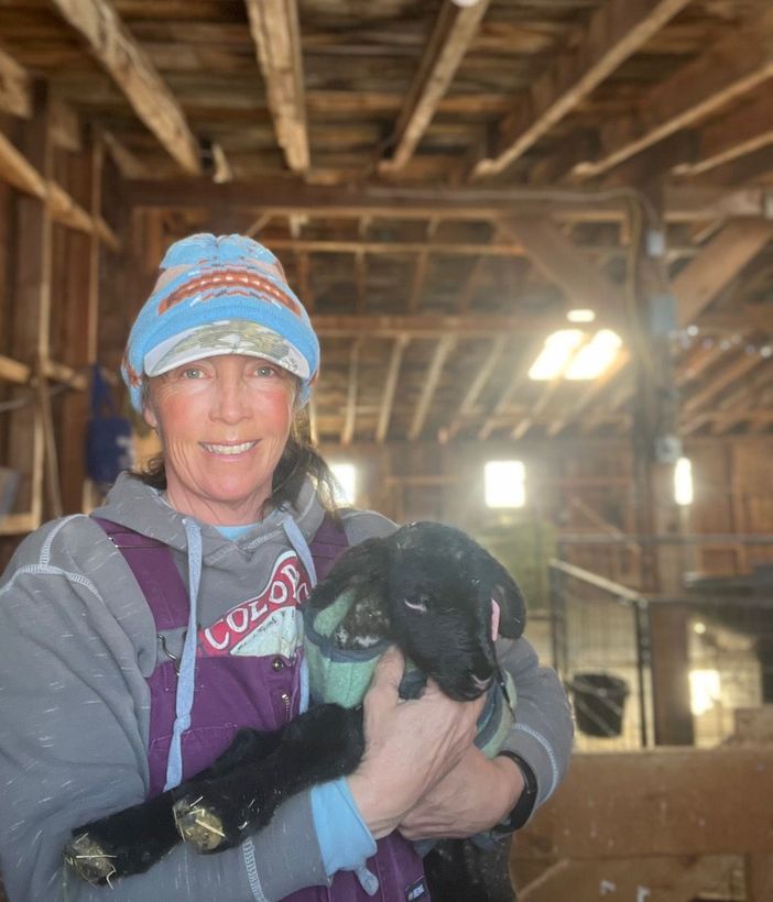 Marcy is holding a baby lamb in her arms in a barn.