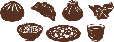 Brown silhouette icons of assorted foods, including pastries, bread, and a bowl of noodles