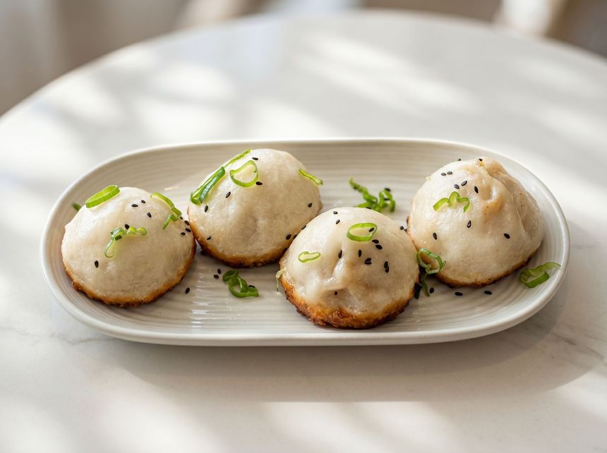 Four steamed dumplings on a white oval plate, garnished with chopped green onions