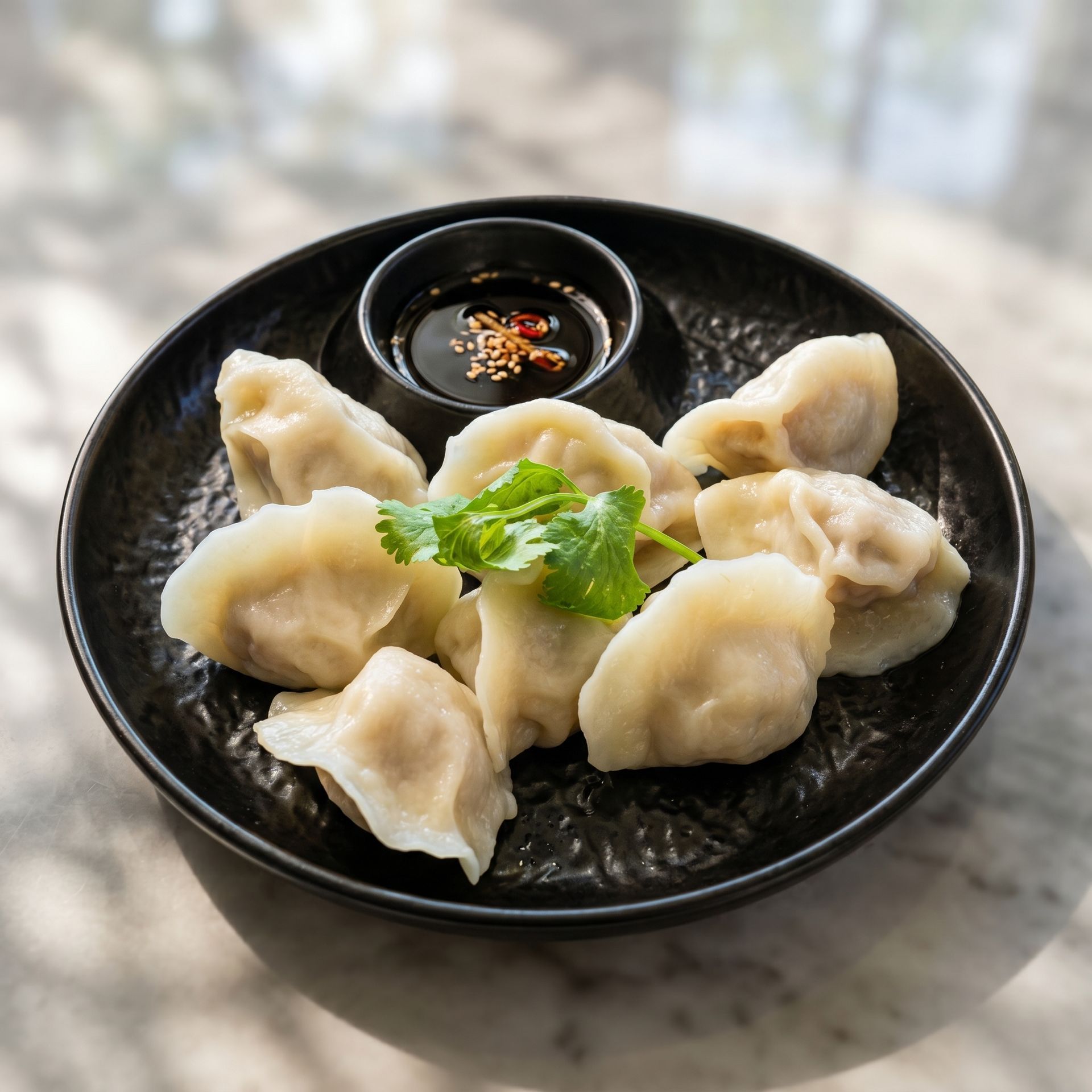 Black plate of steamed dumplings with dipping sauce and cilantro on a marble table