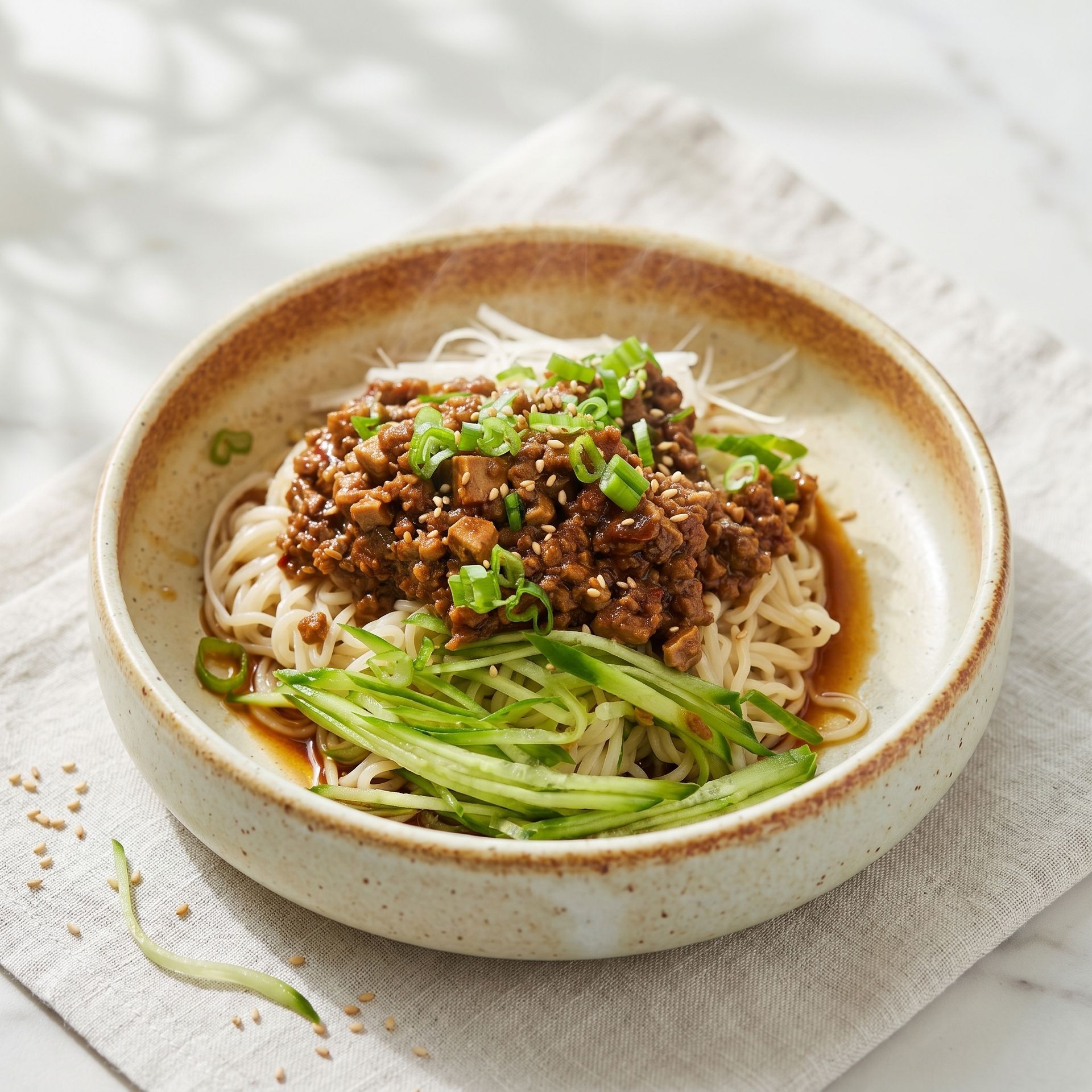 Bowl of noodles topped with minced meat and sliced cucumber on a light linen napkin