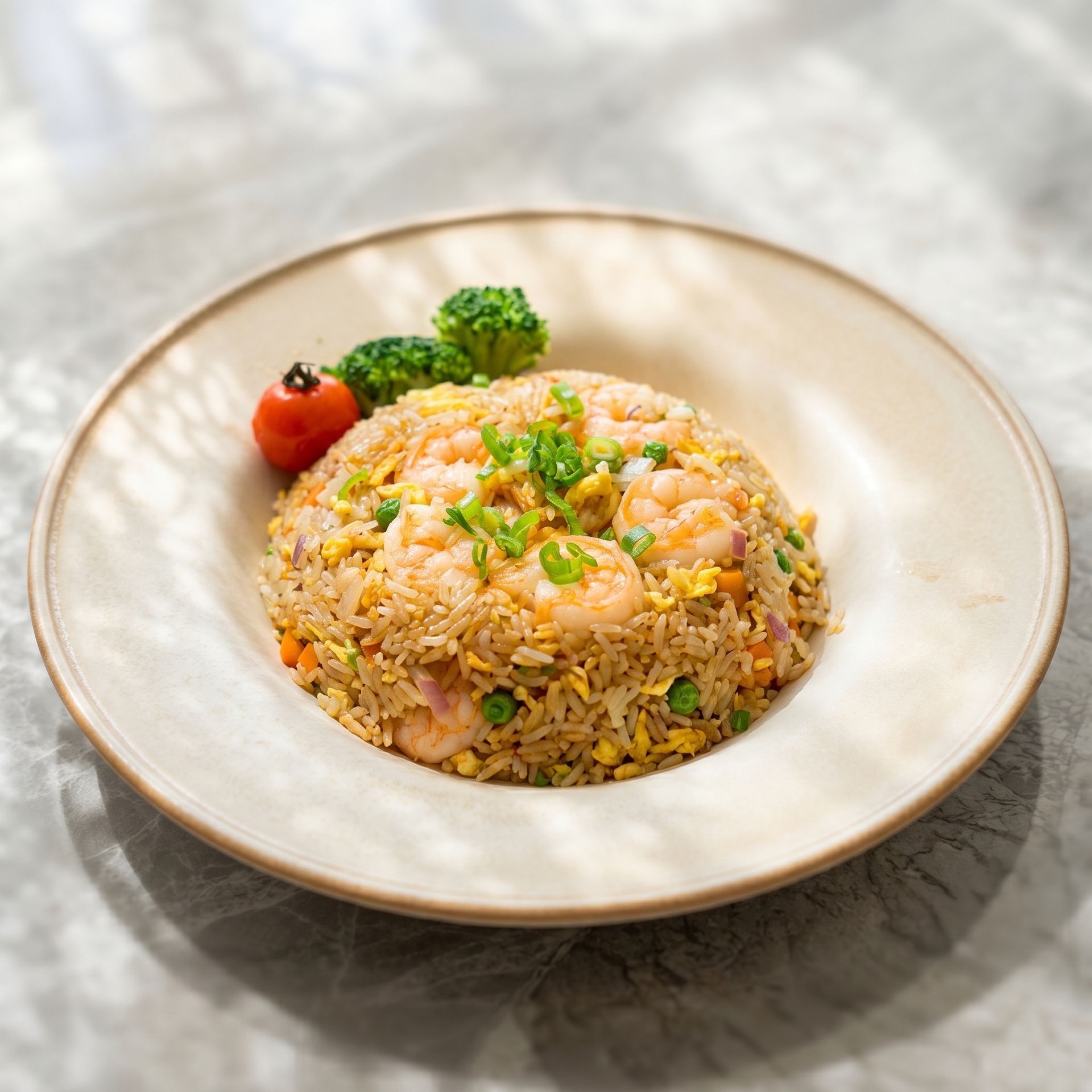 Fried rice on a white plate, garnished with broccoli and a cherry tomato.