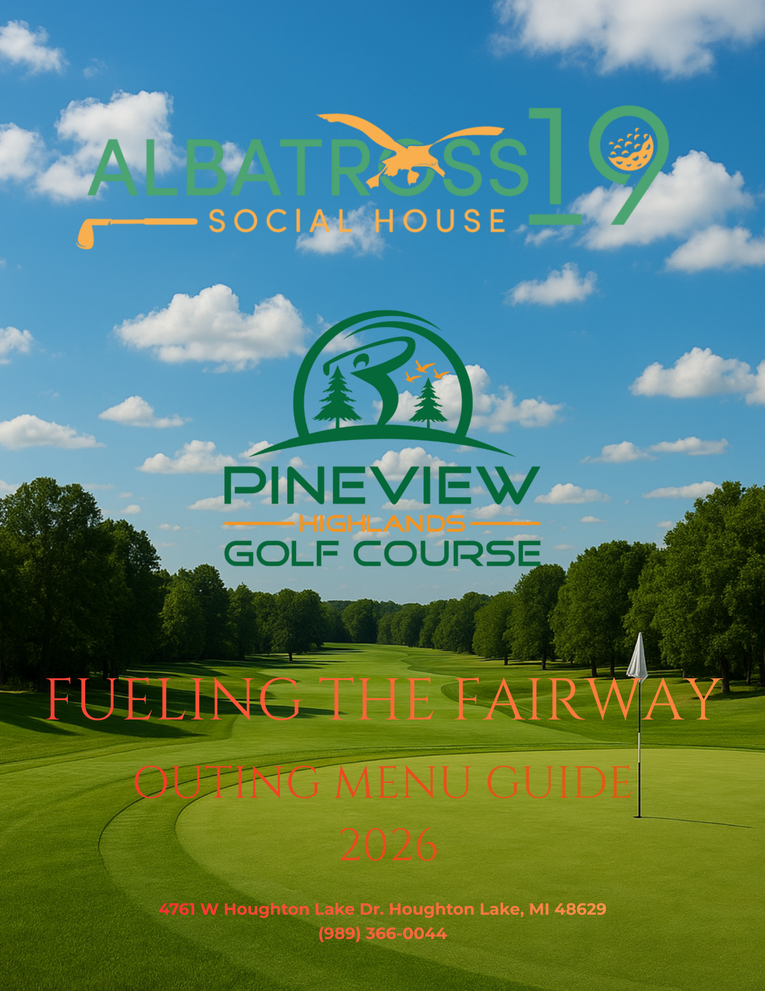 Menu cover for Albatross 19 Social House at Pineview Golf Course: green golf course, blue sky, logo.