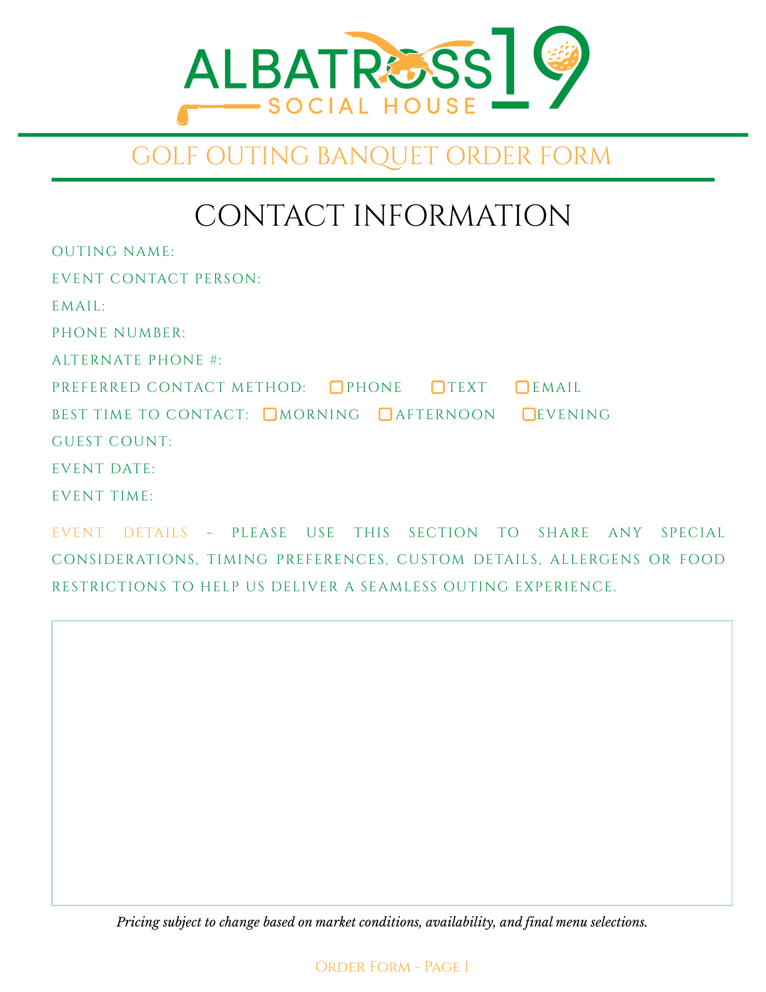 Form for a golf outing with contact information fields and a space for additional comments.