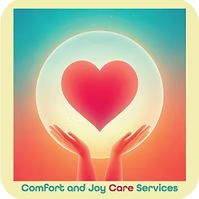 Hands cradling a glowing heart inside a translucent sphere; text reads, "Comfort and Joy Care Services."