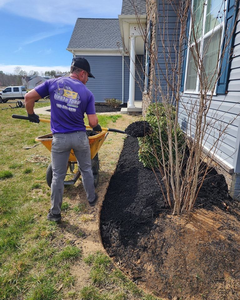 Man spreading black mulch in a yard bed next to a house with a wheelbarrow on a sunny day.