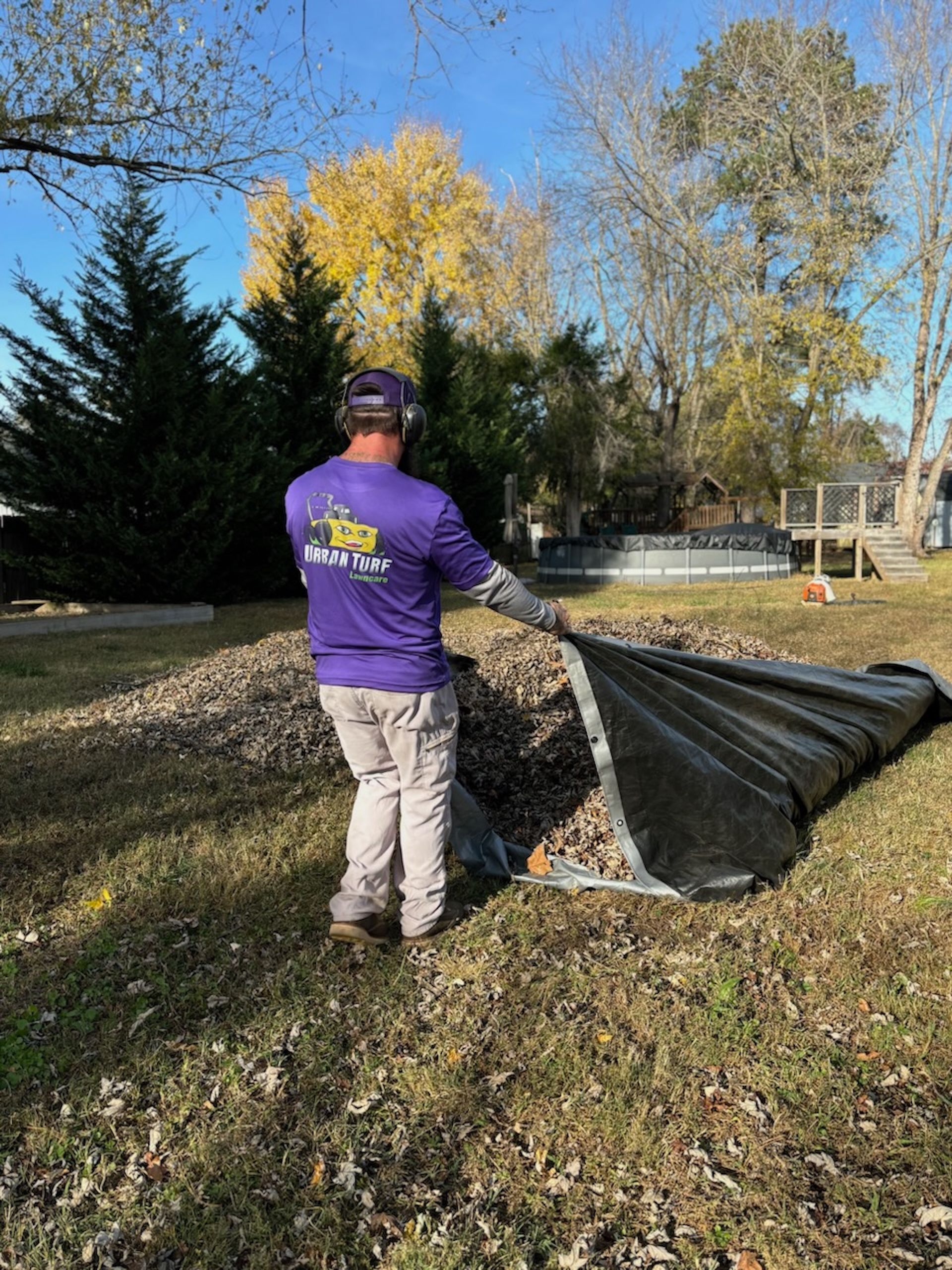 A man in a purple shirt is standing next to a pile of leaves.