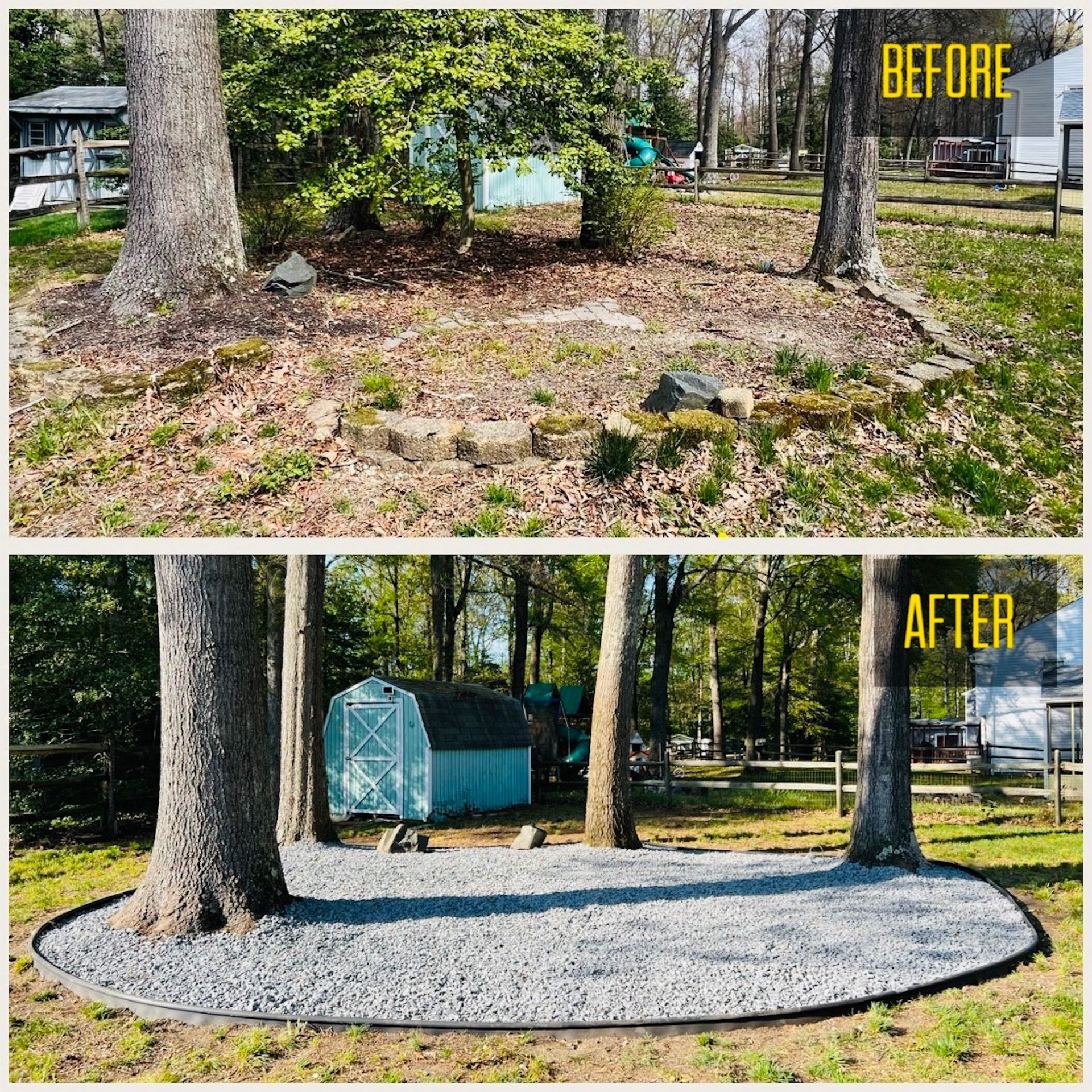 A before and after picture of a gravel area in a yard.
