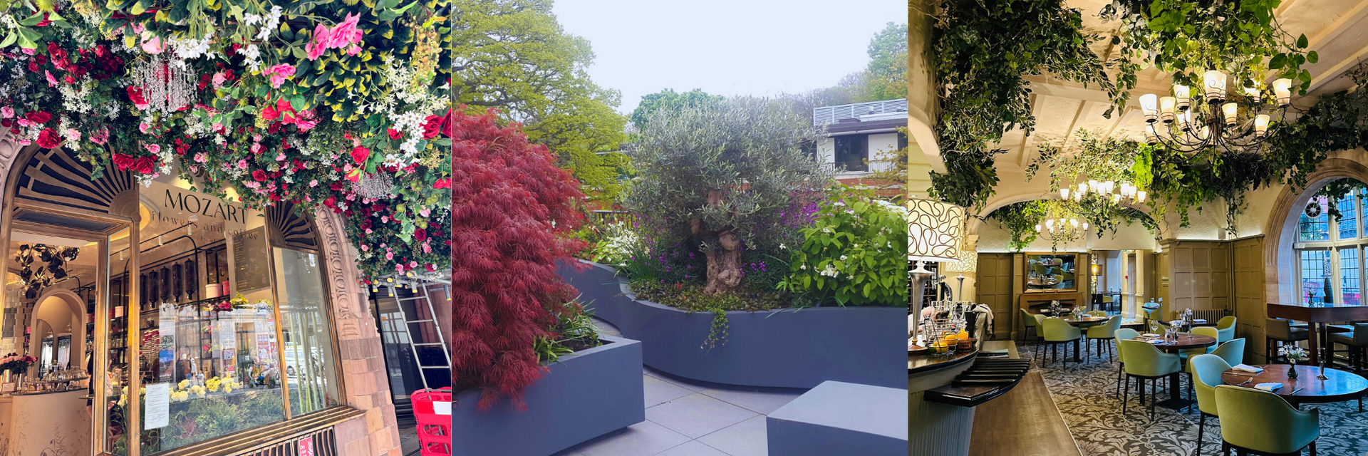 floral installations, fibreglass planters, artificial plants