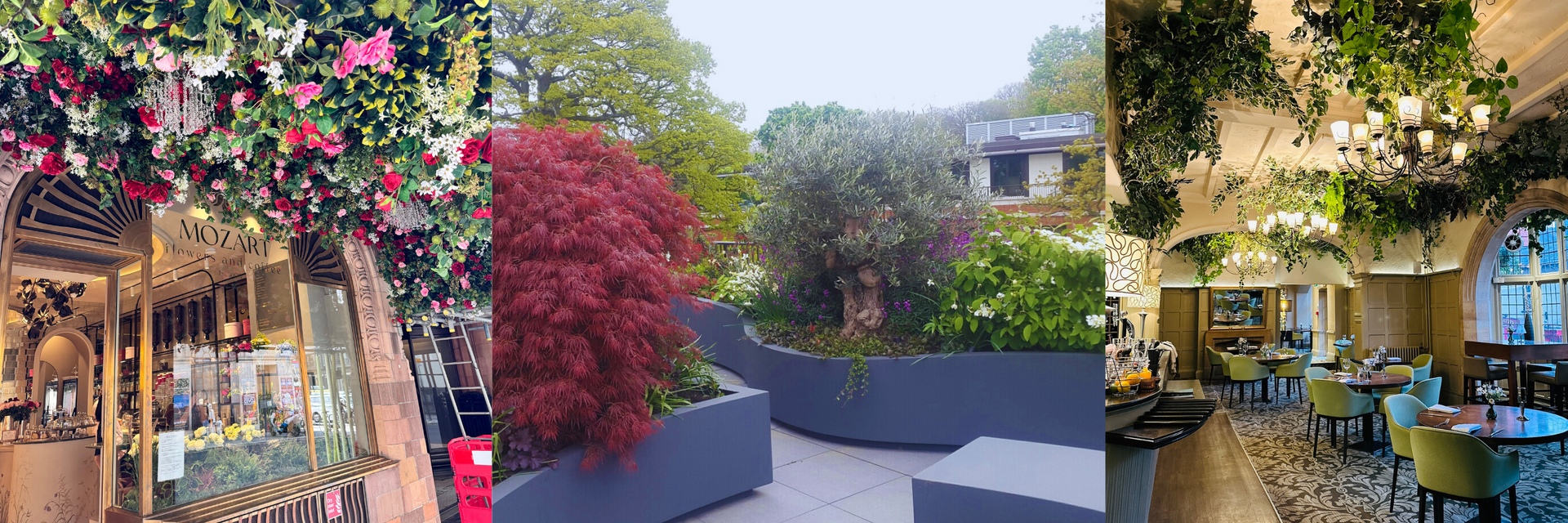 floral installations, fibreglass planters, artificial plants