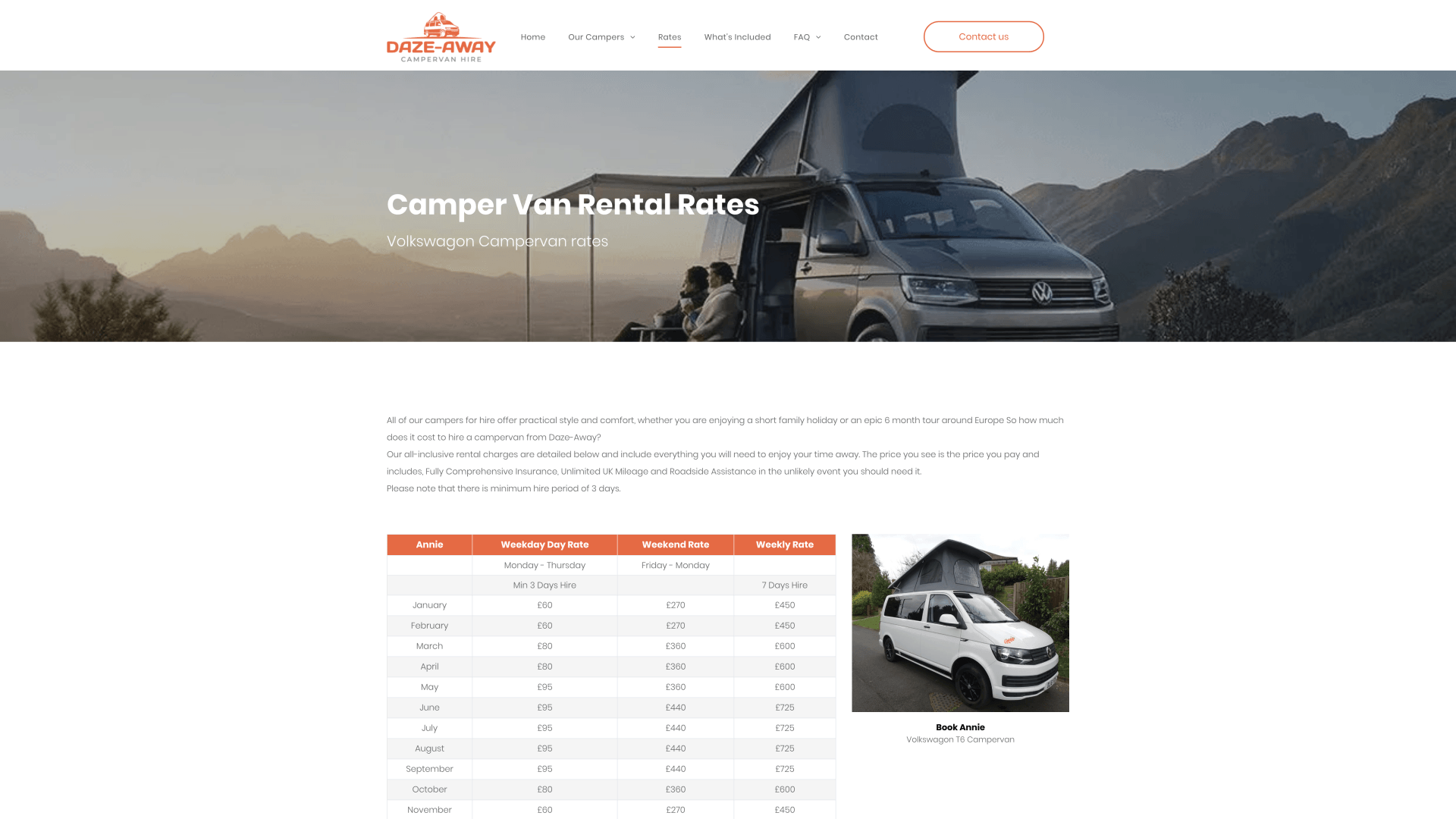 VW Campervan Hire Rates Daily or Weekly Rates