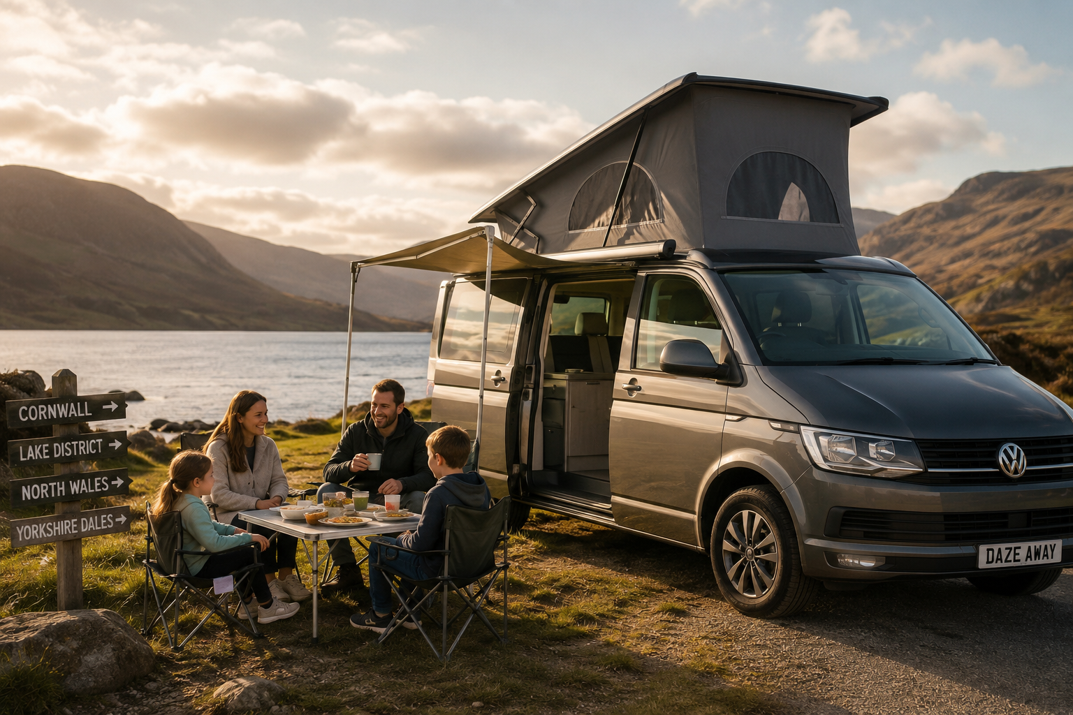 People camping beside a van by a lake at sunset, with mountains in the background.