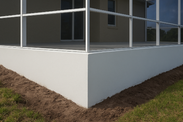 A screened in porch with a swimming pool in the background