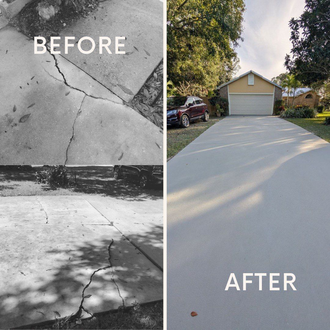 Before and after photo of a cracked, gray concrete surface and a newly paved driveway.