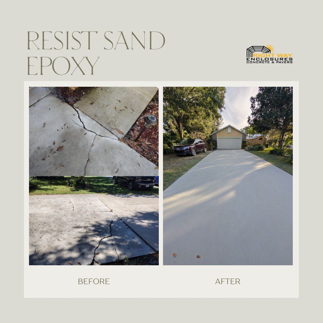 Before and after photos of a concrete surface repaired with sand epoxy.