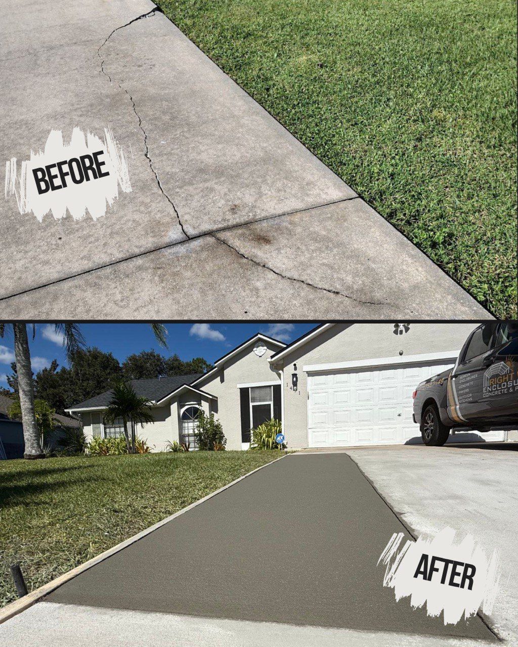 Before and after comparison of a driveway: cracked concrete to a smooth, gray surface.