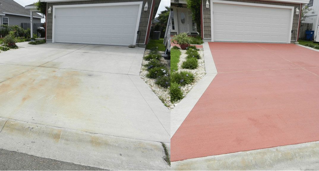 Before and after image of a driveway; the left side is stained, the right side is newly painted red.