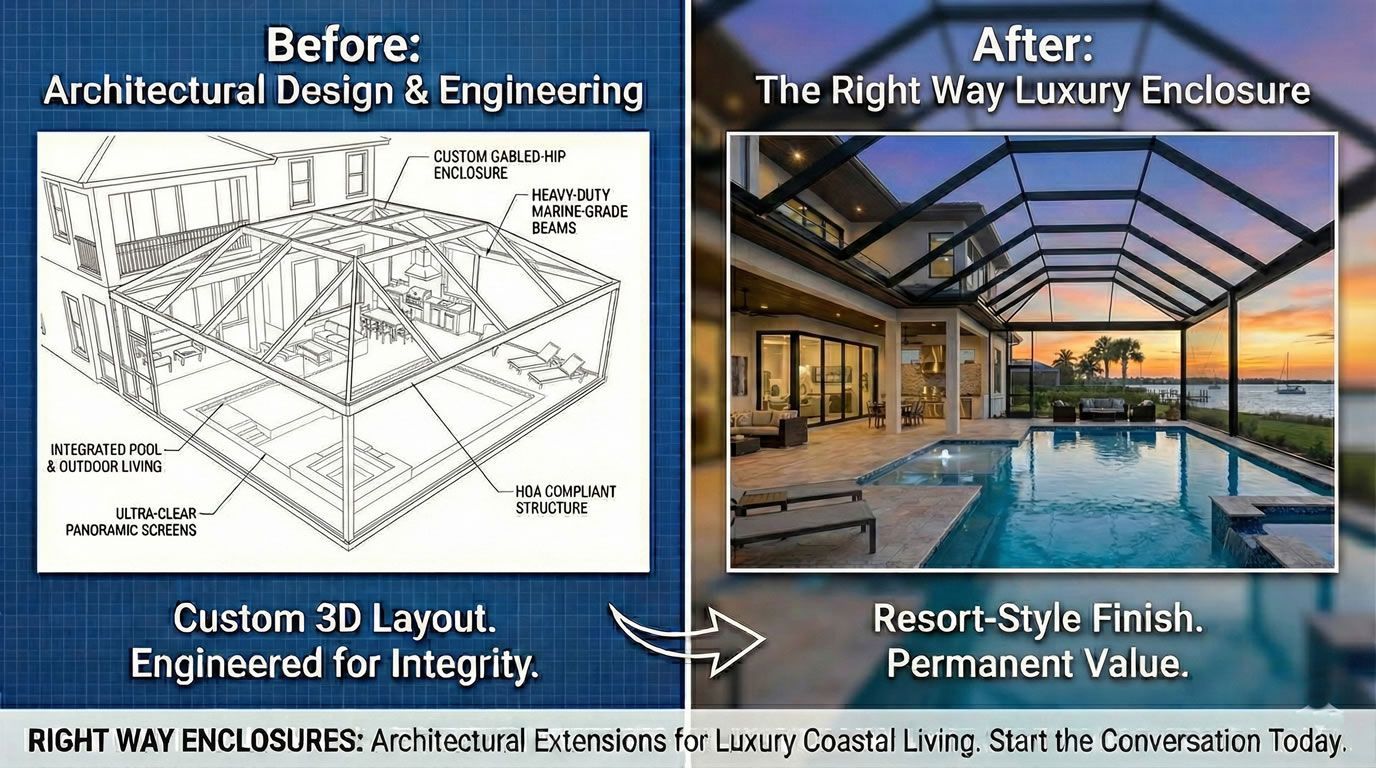 A screened in porch with a couch and ottoman and a view of a pool.