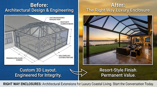 Before/After comparison: architectural design sketch transforms into a luxury outdoor living space.
