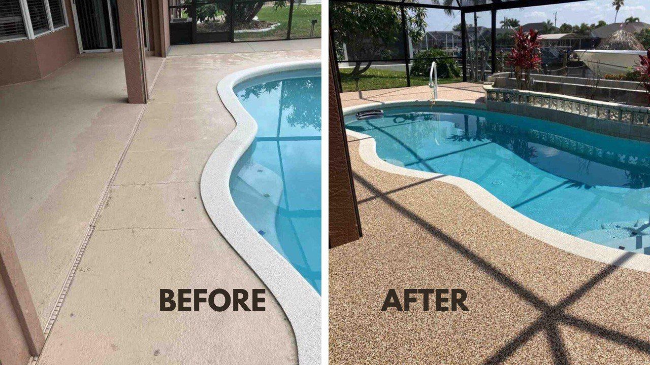 Before and after view of a pool deck resurfacing.