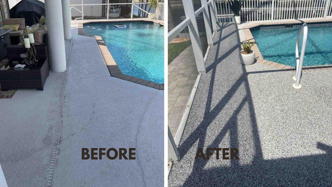 Before-and-after of a pool deck resurfacing.
